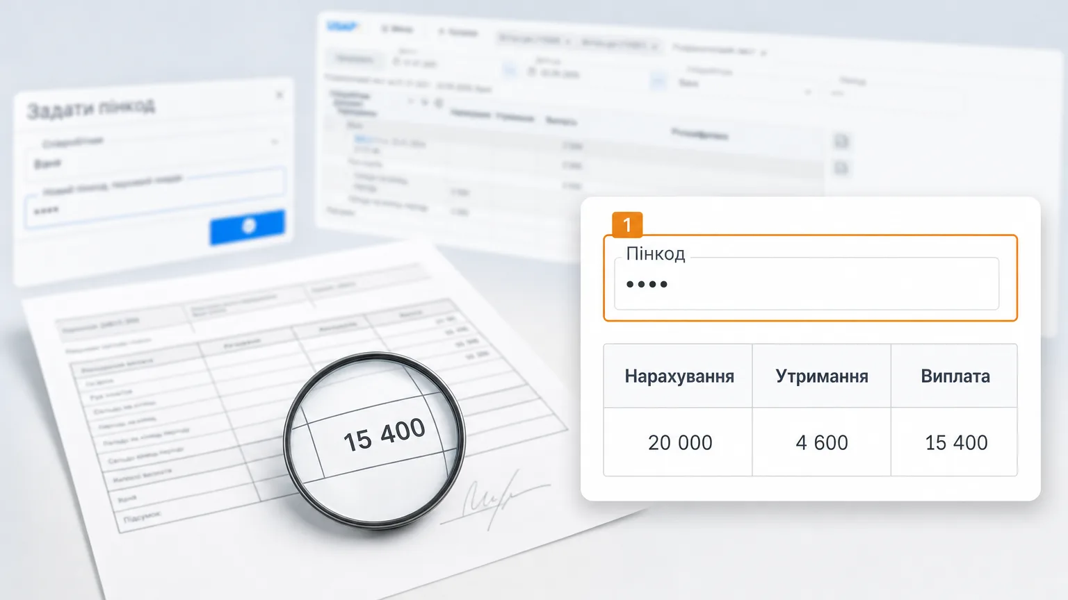Поле «Пінкод» и строка расчетного листа: начислено 20 000, удержано 4 600, выплата 15 400, та же сумма под лупой на распечатанном листке Поле «Пінкод» и строка расчетного листа: начислено 20 000, удержано 4 600, выплата 15 400, та же сумма под лупой на распечатанном листке