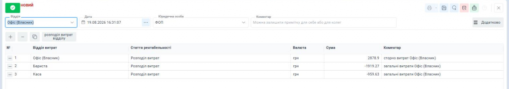 Розподіл витрат між відділами (екран 3) Розподіл витрат між відділами (екран 3)
